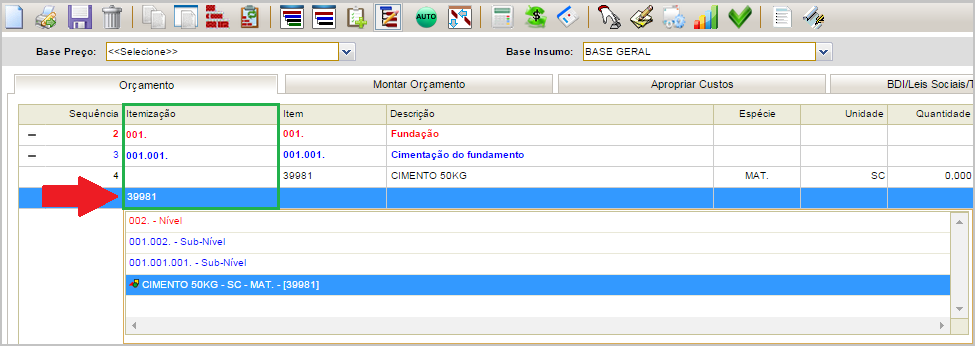 DigitarCodigoNaColunaItemizacao